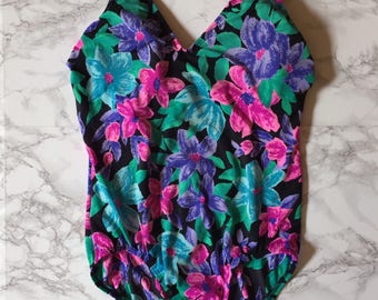 neon bright floral swimsuit | 1980s one piece maillot swimsuit
