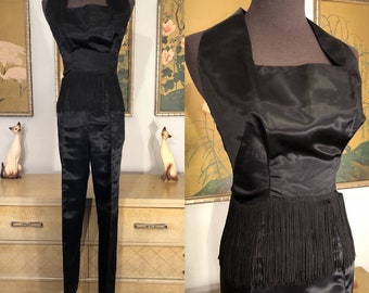 1960s Vintage Satin Halter Top and Capri Pant Set -- Fun Fringe Details!