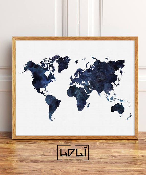 Large World Map Print Watercolor World Map Poster Art Navy