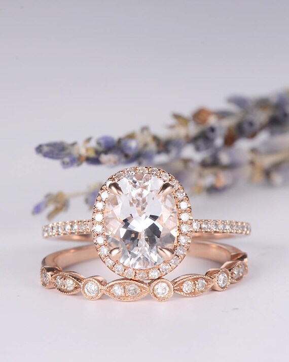 Oval Cut White Topaz Bridal Set Rose Gold Engagement Ring Halo