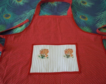 embroidered white dot red cotton apron