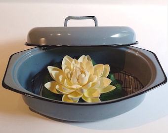 Vintage Powder Blue Enamel Roasted Pan with Lid and Rack
