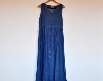 Vintage Denim Sleeveless Button Down Empire Waist Maxi Dress