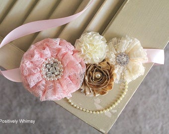 Pink Gold Flower Girl Sash, Pink Gold Maternity Sash, Flower Girl Sash, Baby Shower Sash, Girl Maternity Sash, RTS, Light Pink, Gold, Ivory