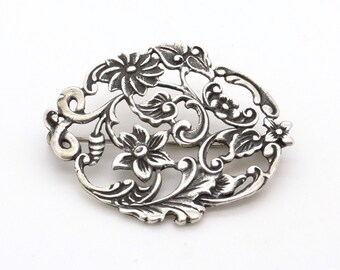 Antique 835 Silver Pin / Brooch - Big Flower Ornament Brooch - Handcrafted Openwork Silver Brooch - Victorian / Edwardian Jewelry