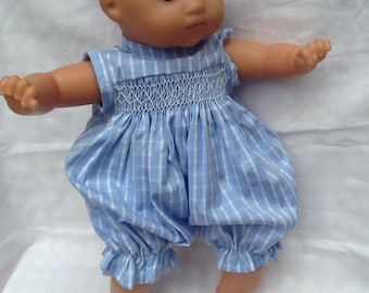 Blue, white, cotton romper has smocking for 36 cm doll