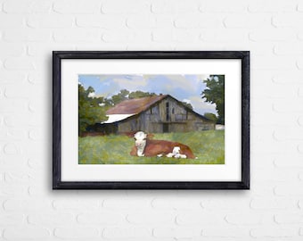 cow art gift Hereford calf bull cattle ranch farm painting pen&ink watercolor print