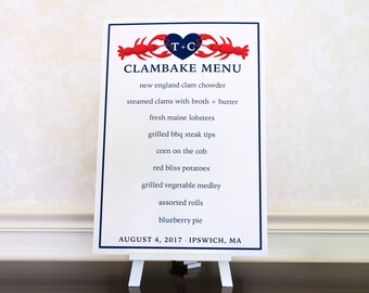 Printed Clambake Menu Sign. Menu Decoration for Beach Wedding, Lobster Bake, Lobster Boil & Clam Bake. Nautical Rehearsal Dinner Menu Poster