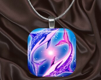 Dolphin Pair Glass Tile Pendant with your choice of chain included(dolphin4.3)