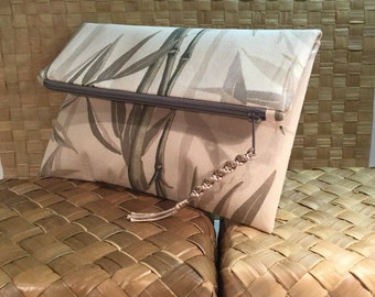 Envelope clutch, Neutral tones Bamboo upholstery fabric clutch, zipper clutch, fold over clutch, casual clutch bag, one of a kind, handmade