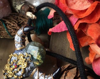 Golden Romance - Labradorite & Vintage Filargee w/ Swarovski Crystal Enlightened Longhorn Necklace