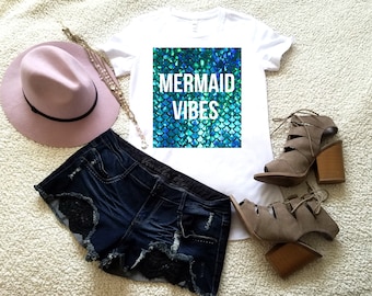 Mermaid vibes graphic t-shirt available in size s, med, large, and Xl for women funny graphic shirt