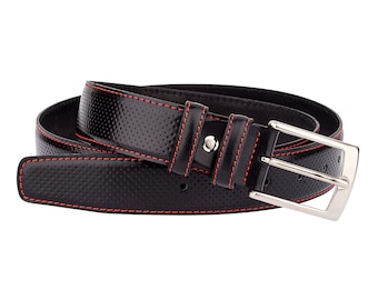 Golf belts for Men Black leather belt Perforated leather Red stitches 32"- 42"