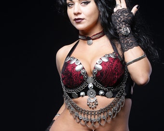 Tribal Fusion bra Dark Fsusion ATS Etnic Belly Dance Bra+Necklace YOUR size