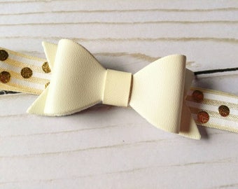 Cream and Gold bow Headband | Leather Bow | Gold Polka Dot | Baby Girl Headband | Baptism Accessory | Spring Hair Bow | baby shower gift
