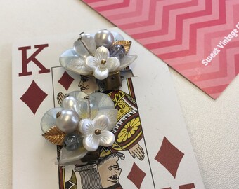 Vintage 50s White and Pale Blue Floral Clip On Earrings