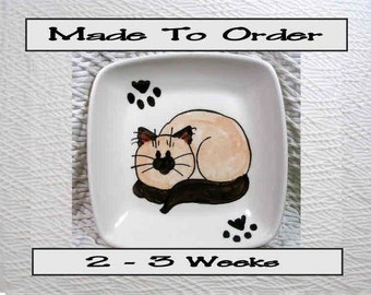 Siamese / Himalayan Square Cat Dish with Paw Prints Earthenware Clay Kiln Fired