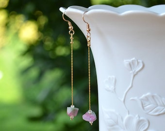 Raw Stone Earrings, Watermelon Tourmaline earrings, Raw crystal Earrings, Rough Stone Earrings, long dangle Earrings, Simple gemstone