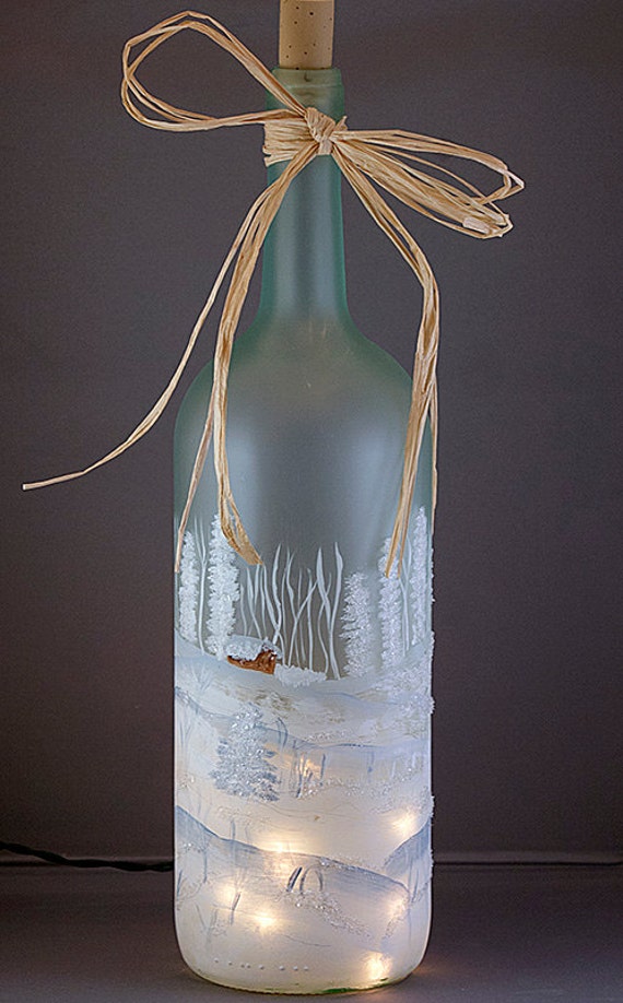 Items similar to Hand Painted Lighted Wine Bottle Winter 