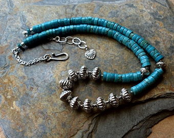 12 Handmade Ethnic Sterling Silver Beads & Turquoise Heishi Necklace. Bali Beads. Stamped Silver Beads. Spiky Heart Charm. Southwest Style