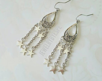 Silver Star Earrings, Dangle Earrings, Long Boho Earrings, Bohemian Earrings, Gypsy Earrings, Statement Earrings, Tribal fantasy stars