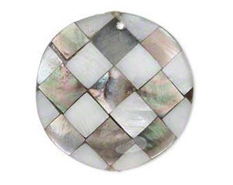 Black Lip Shell and Mother of Pearl Mosaic Double Sided Round Pendant 30mm 1 pc