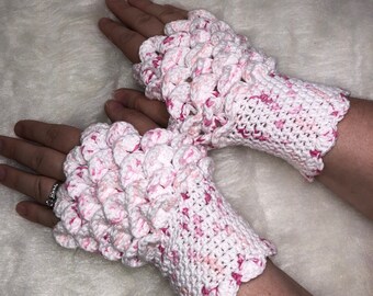 Dragon Scale Fingerless Gloves - White and Pink
