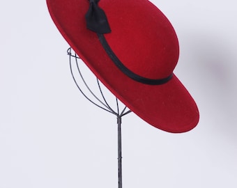 burgundy tilt hat / 60s wool felt hat / wide brim hat / hat with bow