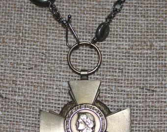 Antique WWI French Combatant Cross Necklace w/ Pyrite