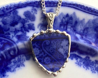 Antique Edwardian Flow Blue, porcelain necklace pendant, shield shape, broken china jewelry, upcycled, Dishfunctional Designs