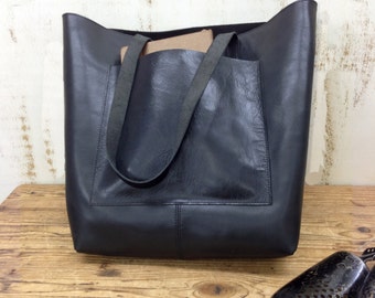 Sale!!! Black leather bag Tote bag Sturdy leather tote bag Large tote Front Pocket Leather messenger Tote bag shopper tote Crossbody option