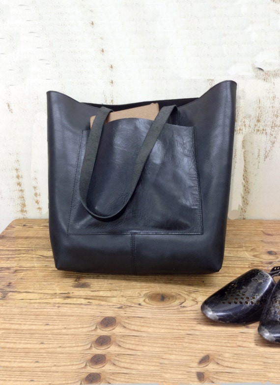 Sale Black leather bag Tote bag Sturdy leather tote bag