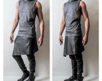 Faux Leather Latex -Kilt Overlay Drop Crotch Jogger In Coated Jersey Leather Latex Inspired By- Givenchy,Stetcky ,Rick Owens, Darkshadow,