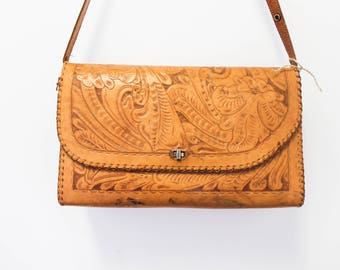 Extra large vintage tooled leather purse