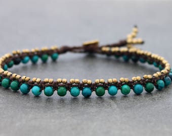 Chrysocolla Anklets Woven Beaded Stone Brass Boho Macrame Hippy