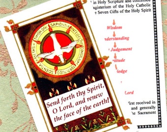 HOLY SPIRIT GIFTS beautiful Traditional Catholic laminated English language prayer card. ***Free worldwide postage included***