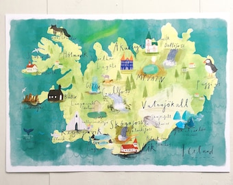 Illustrated map of Iceland - A3/A2 Print - Watercolour