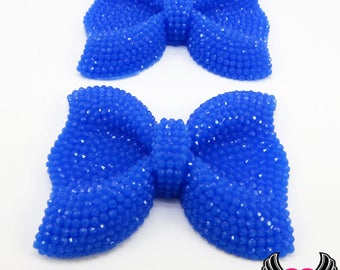 2 pc FAUX RHINESTONE Blue BOWS Large Flatback Resin Decoden Kawaii Cabochons 52x40mm, Blue bow cabochons, rhinestone bows