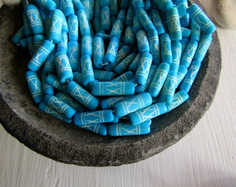 Blue tube bone beads, with carved designs, turquoise, natural Irregular look, boho exotic beads 19 to 24mm long (10 beads) 6db3-1