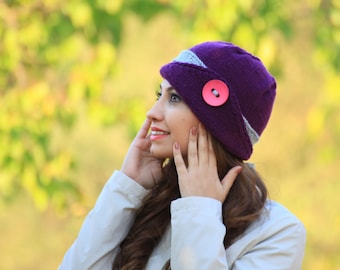 Womens knit hat, Purple hat, Lucy Hat with a button, Winter beanie for women, Hand knitted hat for women, Winter hat, Purple knit hat