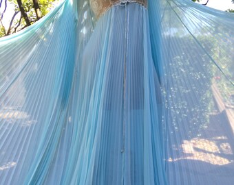 Spectacular 1970's Lucie Ann Blue Pleated Peignoir Robe & Nightgown Set