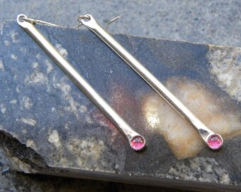 Pink Tourmaline Natural Gemstone in Sterling Silver Stick Earrings E139