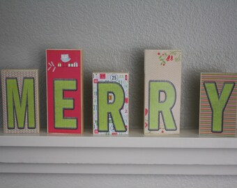 MERRY Block Set- Set of 5- Blocks are roughly 4.5" and 5.5" tall