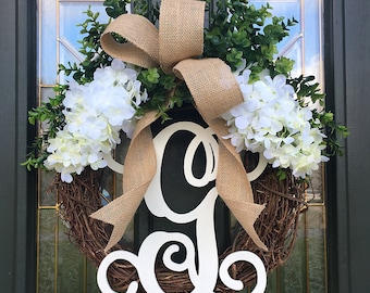 White Hydrangea Wreath - Wreath with Monogram- Farmhouse Wreath - Spring Wreath - Summer Wreath - Front Door Wreath - Wreath with Initial