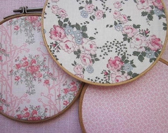 Three (3) Prettiest Vintage Liberty Tana Lawn Embroidery Hoop Fabric Art - Pretty Pink!