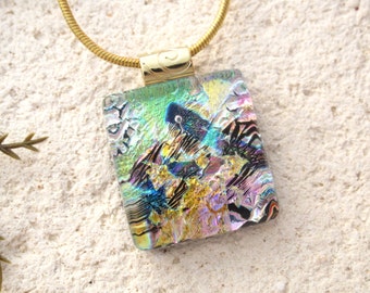 Dichroic Jewelry. Rainbow Necklace, Rainbow Pink Gold Necklace, Fused Glass Jewelry, Dichroic Pendant, Glass Gold Necklace, 022516p106
