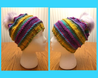 Knitted Hat With Faux Fur Pom