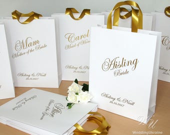Personalized Bridesmaid's Gift bags - Wedding Party Gift Bag with satin ribbon handles and custom name, Elegant gift bags for wedding guests