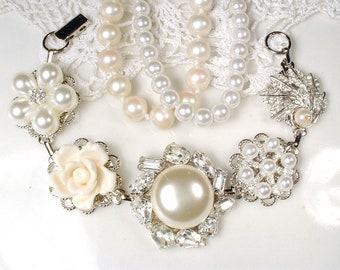 OOAK Pearl & Rhinestone Bridal Bracelet, Silver Ivory Vintage Wedding Earring Bracelet, Old Hollywood Art Deco Glam, Bridesmaid Jewlry Gift