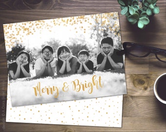 Gold Christmas Photo Card Template: Holiday Family Card 5x7" Photoshop template, INSTANT DOWNLOAD custom printable “Faux Gold Foil Sparkles"